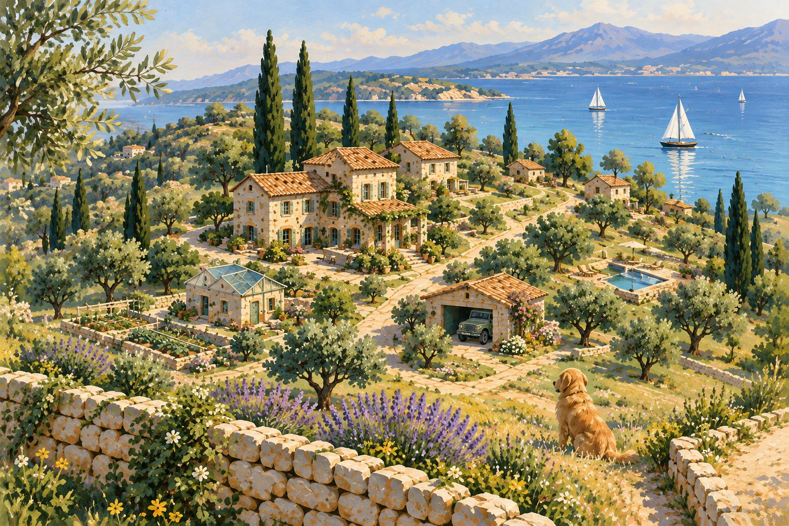 An illustrated Mediterranean hillside estate overlooking the sea, with stone cottages, olive and cypress trees, a garage, a greenhouse, a pool and a dog resting by a lavender-lined stone wall.
